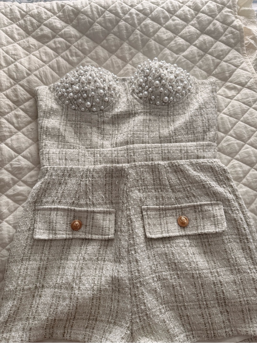 Pearl-Embellished Strapless Tweed Dress Romper - Cream